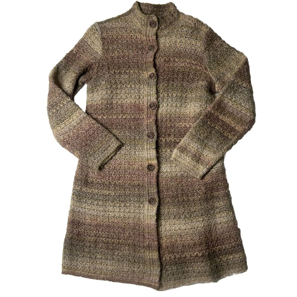 J.Jill XS Button Cardigan Wool Alpaca Striped Career Boho Mock Chunky Knit Brown